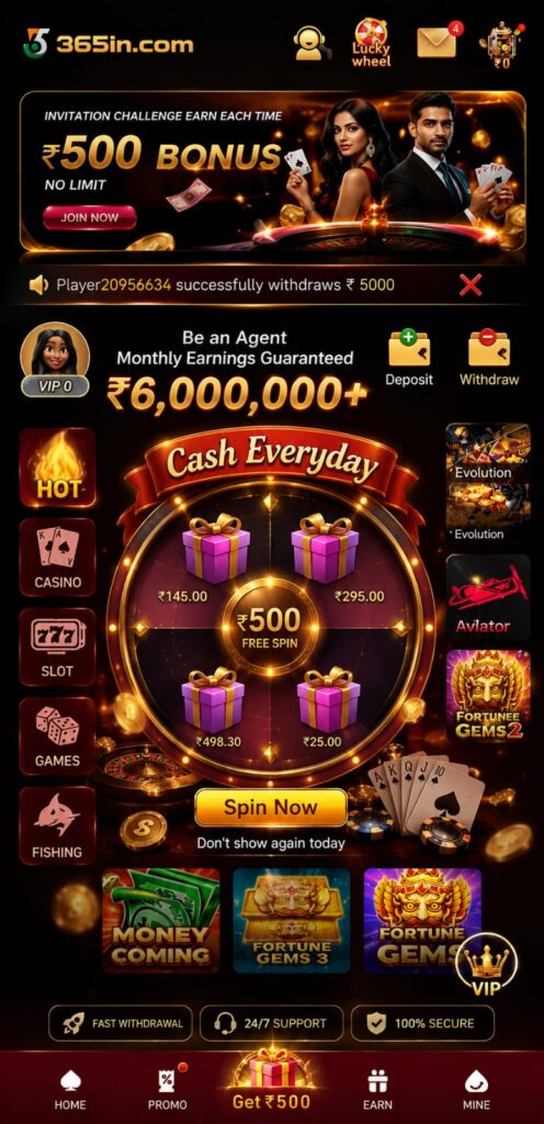 365IN.COM Game homepage featuring online slots, live casino games, sports betting, secure login, and premium gaming experience.