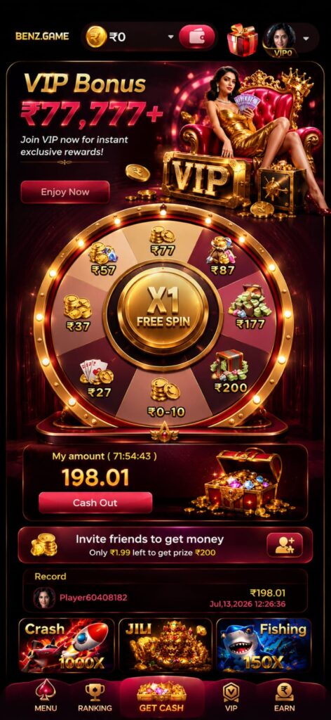 BENZ GAME mobile app displaying slot games, jackpot features, and secure online gaming interface.