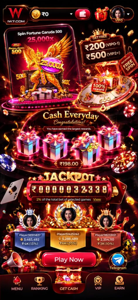 IW7 Game online casino dashboard with colorful slot games, promotional bonuses, and secure payment options.
