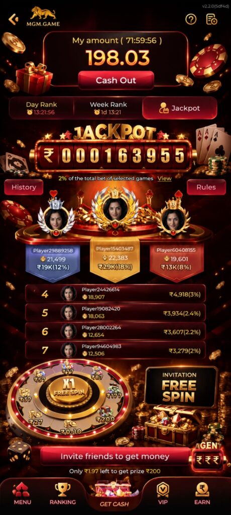 MGM GAME mobile casino app with online slots, colorful gaming interface, jackpots, and premium casino entertainment.