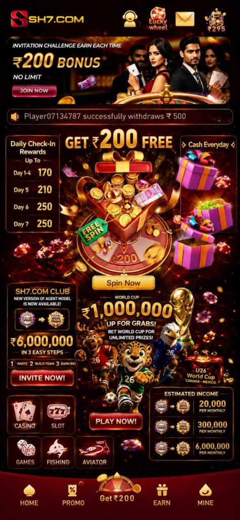 SH7 Game casino interface featuring online slots, jackpots, live dealer games, and secure gaming platform.