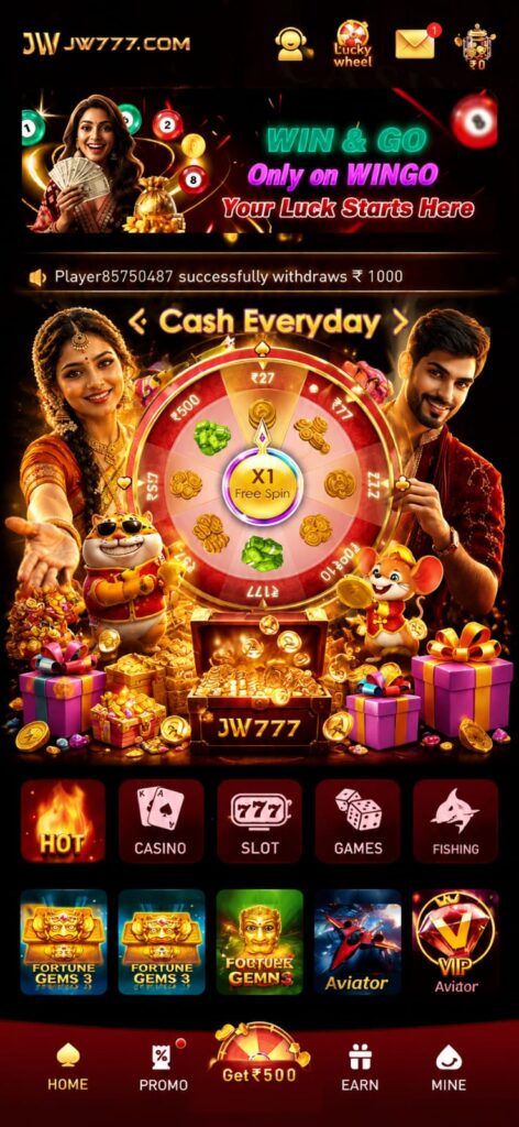 JW777 Game online casino dashboard with slot games, live casino, secure login, bonus offers, and responsive mobile interface.