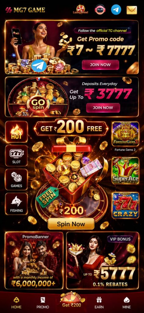 MG7 GAME mobile app interface with online slots, casino games, fast registration, secure login, and responsive gaming dashboard.