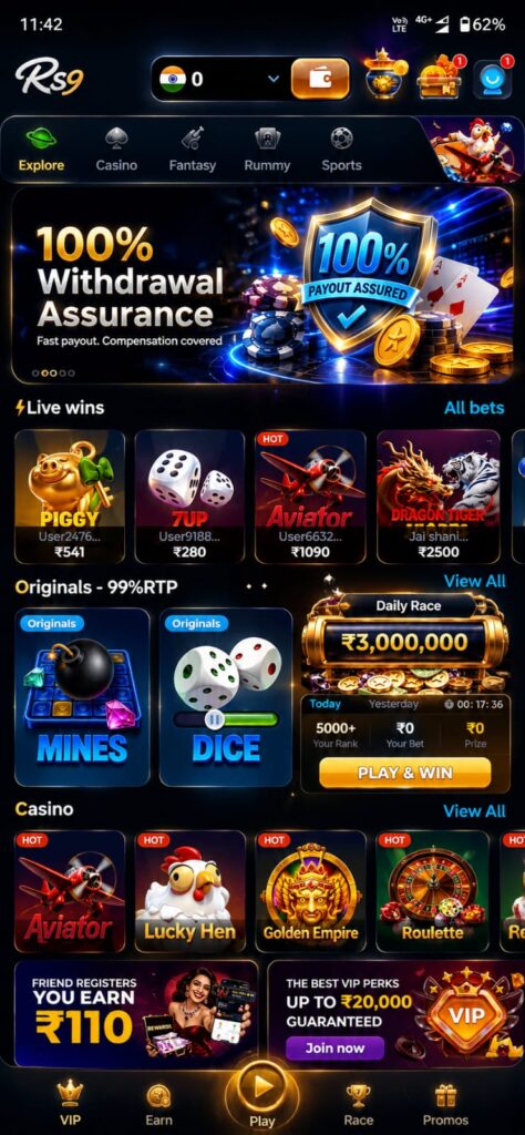 RS9 Game official app interface with latest APK download, secure login, mobile gaming dashboard, and modern Android gaming platform in HD.