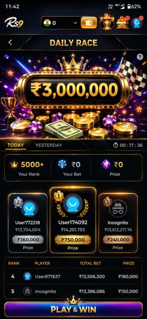 RS9 Game latest APK download screen with premium gaming dashboard, secure login, Android app interface, and HD mobile gaming platform.